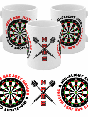 Personalised Darts Mug Gift Mid Flight Crisis Dartboard Design Custom Name Quote